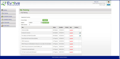screenshot of Evolve Learning Manager